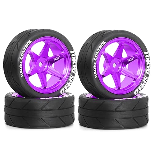 REDSPIDER 12mm Hex RC Wheels and Tires Metal Wheel Rims OD2.56'' RC Rally Racing Tyres for Tamiya TT01 TT02 XV01 TA06 A959 PTG2 HPI KYOSHO PTG2 Traxxas 1:10 Street Touring Drift Car (Purple) - color: Purple