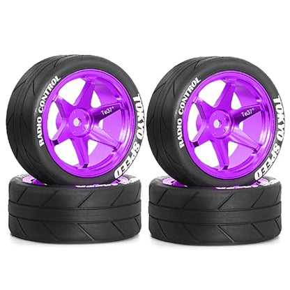 REDSPIDER 12mm Hex RC Wheels and Tires Metal Wheel Rims OD2.56'' RC Rally Racing Tyres for Tamiya TT01 TT02 XV01 TA06 A959 PTG2 HPI KYOSHO PTG2 Traxxas 1:10 Street Touring Drift Car (Purple) - color: Purple