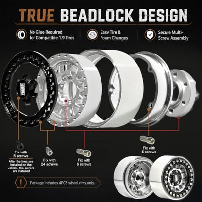 4PCS 1.9" RC Beadlock Wheels with12mm Hex & -6mm Offset Aluminum 30mm Wide Rims for 1/10 RC Crawler, Compatible with TRX4 TRX6 SCX10 SCX10 II III Gen8 RC4WD D90 90046 AXI03007 - color: Black-Silver