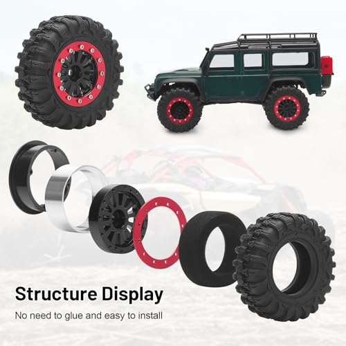 daitoku 1.3 Beadlock Wheels and Tires 1.3" RC Wheel Tires Set for 1/18 1/24 Trx4m SCX24 RC Crawler Car (4PCS) - Red - color: Red
