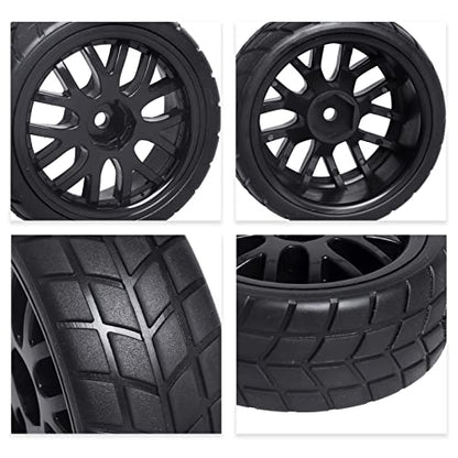 Pre-Glued OD 2.56" 12mm Hex Wheels Rims & Rubber Tires 26mm for 1/10 Scale On Road Racing Car Drift RC Touring Car, Set of 4 (Color F) - color: Color F