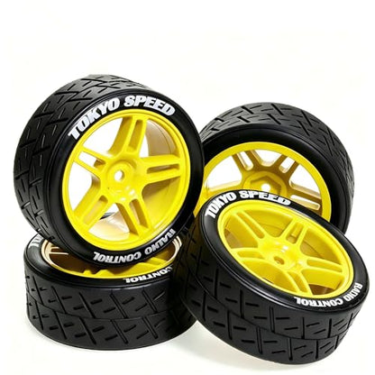 1/10 RC Rally Street Tires OD 65mm with 12mm Hex Hard Plastic Wheels for 1:10 1/12 On Road Drift Touring Car Tamiya TT01 TT02 Traxxas XV02 XV01 TA06 HPI KYOSHO PTG2 A959 4PCS (Yellow) - color: Yellow