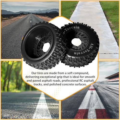1/10 RC Short Course Truck Wheel Tires Set- 12mm/17mm Hex, Black | All-Terrain Tires and Nylon Wheels Compatible with 1/10 Traxxas Slash 4WD 2WD Arrma Senton Axial Losi Redcat RC Buggy, 4-Pack - color: Black