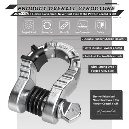 AUTMATCH D Ring Shackles 3/4" Mega Shackle (2 Pack) 68,000Ibs Break Strength - Heavy Duty Clevis Shackles with 7/8" Screw Pin and Isolator Washer for Tow Strap Winch Off Road Vehicle Recovery, Silver - color: Silver
