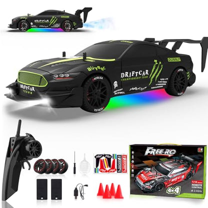 RC Drift Car 1/16 Scale 2.4Ghz 4WD Remote Control Car With Spray & Led Lights, 30+KM/H High Speed RC Drag Car, Racing Sport Toy Cars for Adults Boys Girls Kids Gift 2Pcs Rechargeable Battery - color: Black-g