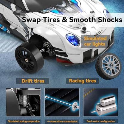 1:24 4WD RC Drift Car Dual Batteries - Blue White | 2.4GHz, LED, 2 tire sets, 2 speeds, 25-30min per battery, USB charge, cones+tool, PC shell, great for indoor play & gift - color: Silver Blue