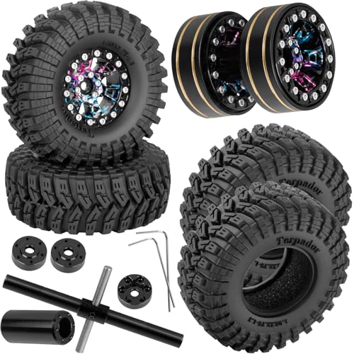 RC 1.3 Beadlock Wheels and Tires Single & Dually for 1/18 TRX4M Ascent-18,1/24 SCX24 FCX24 RC Crawler Car,Aluminium & Brass 1.3 Rims w/All Terrain Rubber Tire,4pcs,Multicolored w/Black - color: Rainbow(4pcs)