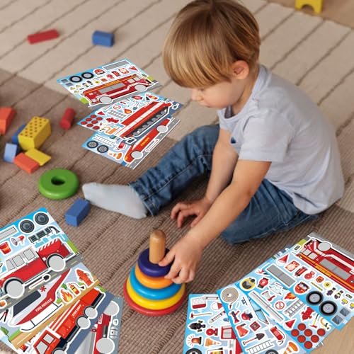 Truck Stickers, Make a face Sticker, Make Your Own Fire Truck Stickers | 24 Sheets, with 8 Designs Fire Themed Truck for Kindergarten Birthday Gift Classroom Fire Party Favors - style: Fire Truck