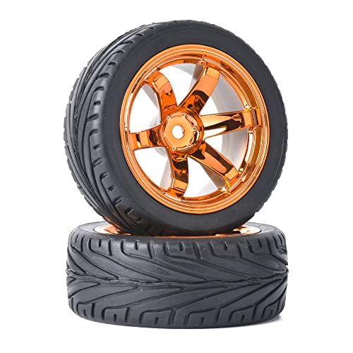 4PCS RC Car Rubber Tires and Plastic Wheels Rims Compatible with 1/10 Scale On Road Touring Racing Flat Drift Car for HSP HPI Tamiya (Orange) - color: Orange