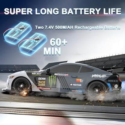 Remote Control Car RC Drift Car 1:16 Scale 4WD 18KM/H High Speed Model Vehicle 2.4GHz with LED Lights Spray Rubber Tire Racing Sport Toy for Adults Boys Girls Kids Gift 2Pcs Rechargeable Batteries - color: E-grey