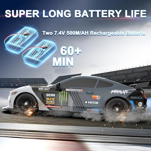 Remote Control Car RC Drift Car 1:16 Scale 4WD 18KM/H High Speed Model Vehicle 2.4GHz with LED Lights Spray Rubber Tire Racing Sport Toy for Adults Boys Girls Kids Gift 2Pcs Rechargeable Batteries - color: E-grey