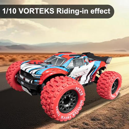 LRFHL MX28 F/R 2.8" RC Monster Truck Tires and Wheels 4PCS, Red | 12mm/14mm Hex Adapter, 1/10 RC Monster Truck, Compatible with Traxxas Stampede Rustler Redcat Arrma Vorteks Big Rock Granite - color: Red Tires+ Black Wheel-5