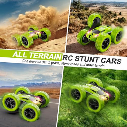 QUNREDA Remote Control Car for Kids Ages 6+, RC Cars Stunt Car Toy 4WD Double Sided 360° Rotating Remote Control with Headlights, Birthday Xmas Gifts for Boys 6 7 8 9 10 11 12 Green - color: Green
