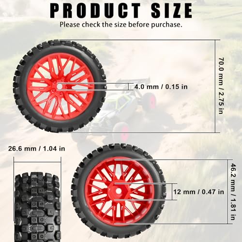 4PCS Pre-Glued RC Crawler Car Rubber Tires and Plastic Wheels Set, 70mm*26mm Tires and Rims with 12mm Hex Fits for ARRMA 1/14 1/16 1/18 Granite/Typhon Grom RC On/Off Road Crawler Truck Car (Red) - color: Red