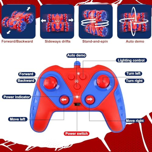 Spider Remote Control Car, Double Sided 360°Rotating USB Direct Charging RC with Cool Lights, 2.4Ghz Drift RC Stunt Vehicle, 360°Rotating 4WD Off-Road Race Car Toys for 4-12 Boy Girl Gifts (Blue) - color: Blue