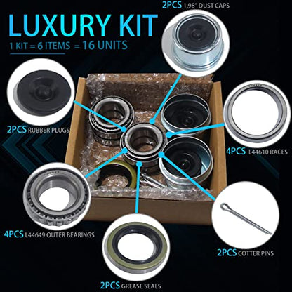 iBroPrat Trailer L44649 L44610 Bearing Kits for 1-1/16'' 2000-2200LB Axles | with 12192TB 1.25'' I.D Grease Seals, 1.98" Dust Covers and Rubber Plugs, Cotter Pins,Individually Packed