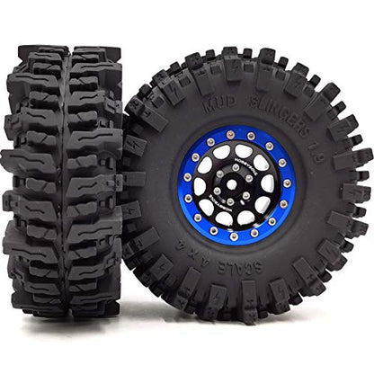 120mm Tall 1.9 Mud Slingers Tires T8 Soft Sticky Tyres & 1.9 Beadlock Wheels Rims Black Blue For RC 1/10 Rock Crawler SCX10 TRX4 Gen8, (4-Pack, HS700601) - color: Black & Blue