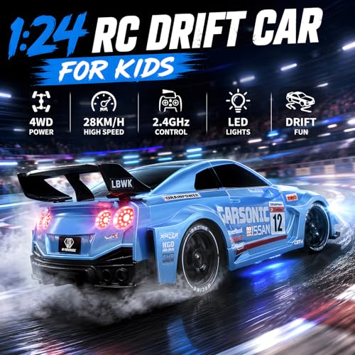1:24 RC Drift Car for Kids,4WD 2.4GHz 28KM/H High Speed Remote Control Car, Racing Sport Toy Car with LED Lights,Drifting Tires＆Two Batteries (Blue-24G) - color: Blue-24g