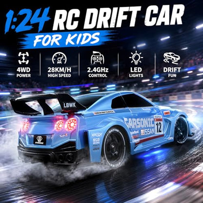 1:24 RC Drift Car for Kids,4WD 2.4GHz 28KM/H High Speed Remote Control Car, Racing Sport Toy Car with LED Lights,Drifting Tires＆Two Batteries (Blue-24G) - color: Blue-24g