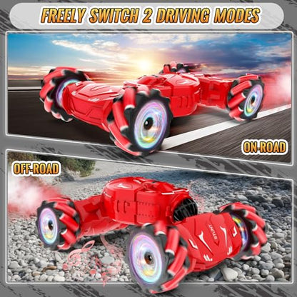 Pristar RC Stunt Cars, Gesture Sensing Remote Car Toys for 6-12 Boys Girls | 2.4Ghz Hand Remote Control Car with Spray Lights Music 360° Rotation 4WD Off-Road, Birthday Xmas Gifts for Kids Age 6-12 - color: Red