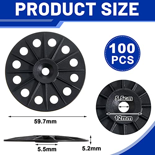 Fabbay 100 Pcs Polypropylene Washers 60 mm for Fixing Supporting Rigid Foam Insulation Panels and Sheets Load Spreading Plastic Washers Flat for Screws and Nail, Black