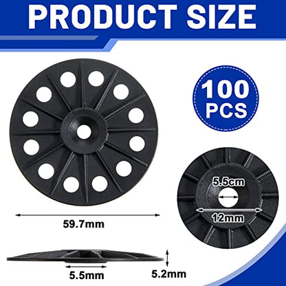 Fabbay 100 Pcs Polypropylene Washers 60 mm for Fixing Supporting Rigid Foam Insulation Panels and Sheets Load Spreading Plastic Washers Flat for Screws and Nail, Black