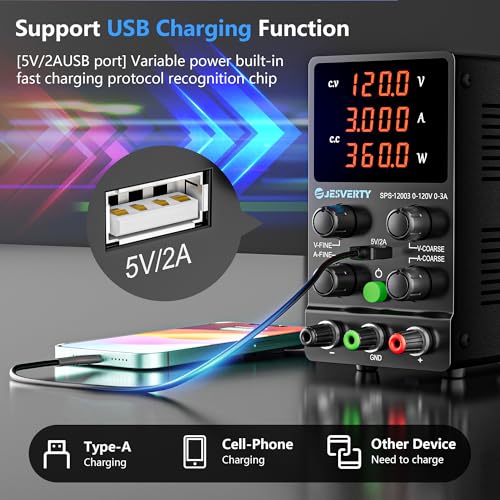 DC Power Supply Variable, 0-120V 0-3A Adjustable Switching DC Regulated Bench Power Supply with High Precision 4-Digit LED Display, 5V/2A USB Port, Coarse and Fine Adjustment SPS-12003 - color: SPS(Red LED), size: 120V 3A
