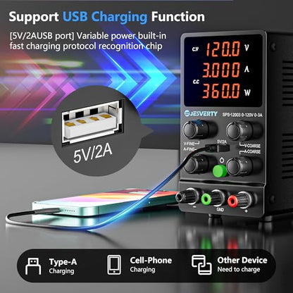 DC Power Supply Variable, 0-120V 0-3A Adjustable Switching DC Regulated Bench Power Supply with High Precision 4-Digit LED Display, 5V/2A USB Port, Coarse and Fine Adjustment SPS-12003 - color: SPS(Red LED), size: 120V 3A