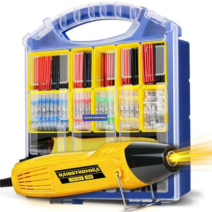 haisstronica Solder Seal Connectors and Tubing Kit, Mini Heat Gun, 450PCS | Wire Gauge Markings, Low-Melt Solder Rings, 2 Heat Settings, Removable Bins, Automotive and Trailer Wiring - size: 450PCS