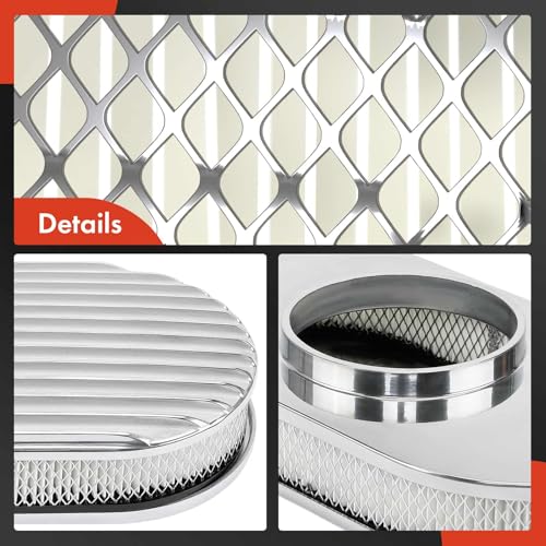 A-Premium Universal Air Cleaner Filter Assembly | 15" x 2", Oval Chrome Polished Full Finned Air Cleaner