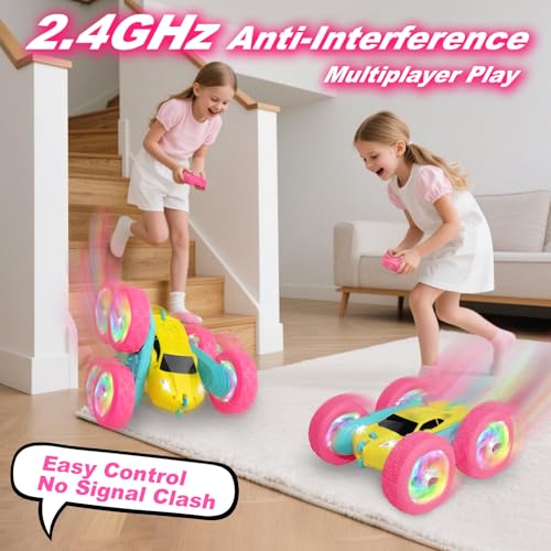Remote Control Car, RC Cars for Girls, Double-Sided 4WD Stunt Car with RGB Lights & 360° Flips, USB-C Modular Batteries, Toys for Ages 5–7, Birthday Gift for 6+ Year Old Girl, Yellow-Pink - color: Pinkyellow