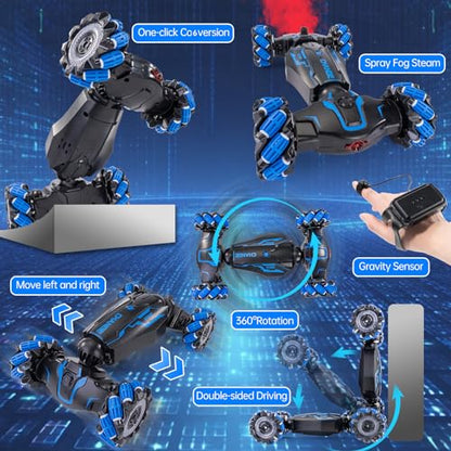 4WD Remote Control Gesture Sensor Car, Double-Sided Rotating 360° Flips Drift, with Lights Music, RC Stunt Twist Car Birthday Presents for 5-12 Kids (Blue) - color: L-blue