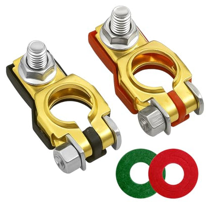 Car Battery Terminal Connector, 1 Pair Top Post Battery Cable Terminal Clamp Set with 2PCS Washers, Positive Negative Auto Cable Post Adapter, Compatible with Auto Truck RV (Red/Black Gold) - color: Red/Black/Gold, size: 1Pair