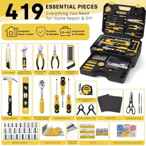 Enventor 419 PCS Home Tool Kit for DIY Repair, Home Maintenance with Drawer | General Home Auto Repair Tool Set Toolbox 3-Layer Organized Storage for Handyman, Homeowner