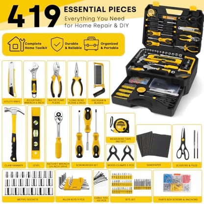 Enventor 419 PCS Home Tool Kit for DIY Repair, Home Maintenance with Drawer | General Home Auto Repair Tool Set Toolbox 3-Layer Organized Storage for Handyman, Homeowner
