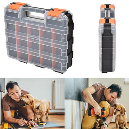 Small Parts Organizer with Removable Dividers, 34 Compartments Double-Sided Storage Box for Hardware, Screws, Nuts & Bolts, Nails, Craft Beads, Jewelry Making - Clear Stackable DIY Tool Organizer Case