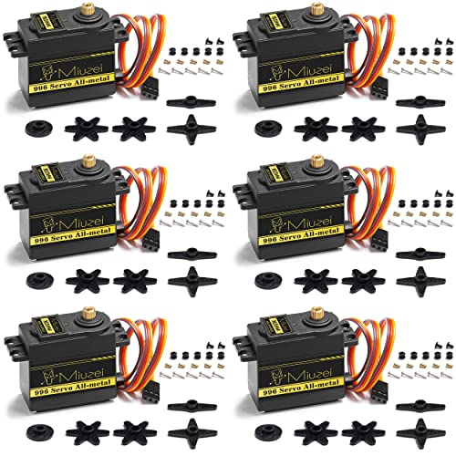 Miuzei MG996R Servo Motor Metal Gear High Torque for 1/10 RC Car Boat (6) | 15.2kg.cm Torque, 0.13S/60°Speed @6V. 55g, Digital 180 Degree, Steering Kit with Arm for RC Robot Helicopter Arduino Plane