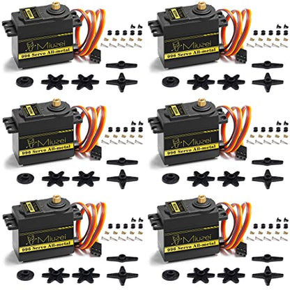 Miuzei MG996R Servo Motor Metal Gear High Torque for 1/10 RC Car Boat (6) | 15.2kg.cm Torque, 0.13S/60°Speed @6V. 55g, Digital 180 Degree, Steering Kit with Arm for RC Robot Helicopter Arduino Plane