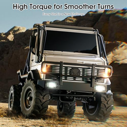 1/18 RC Semi-Truck, MN-333 Alloy Body RC Crawler for Hobby Gifts (Silver) | 2.4G Remote Control Truck, 4WD Unimog Off-Road RC Truck, Controllable Lights, 2 Batteries, All-Terrain, RTR Transport Car - color: Silver