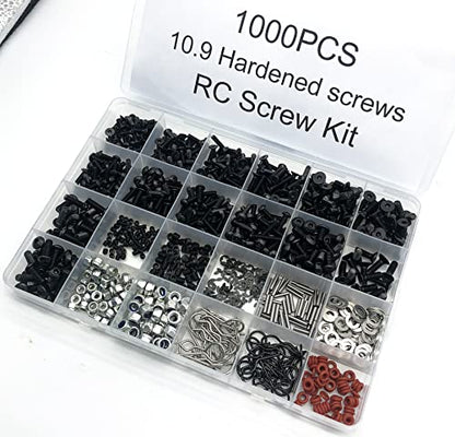 1000pcs Universal RC Screw Kit Screws Assortment,Set Hardware Fasteners for Traxxas Axial Redcat HPI Arrma SCX10 Losi 1/8 1/10 1/12 1/16 Scale RC Cars Trucks Crawler, RC Screw Kit (1000Piece Screws)