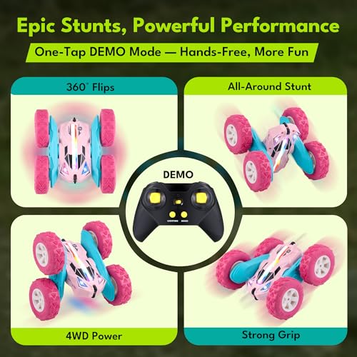 Threeking Pink Remote Control Cars RC Stunt Flip Car Crawler Toys Girls 6+ | Quick-Swap Modular Battery, Double-Sided Stunt RC Car, Durable, Auto Demo, Soft Lights – Gifts for Kids Ages 6-12 - color: Pink