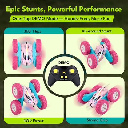 Threeking Pink Remote Control Cars RC Stunt Flip Car Crawler Toys Girls 6+ | Quick-Swap Modular Battery, Double-Sided Stunt RC Car, Durable, Auto Demo, Soft Lights – Gifts for Kids Ages 6-12 - color: Pink