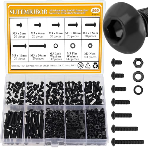 565 Pieces M3 Screws Nuts Washers Set Black, Sutemribor M3 x 5/6/8/10/12/16/20mm Button Head Socket Cap Screws Nuts Washers Assortment Kit, 10.9 Grade Alloy Steel, Fully Threaded - size: M3, style: Button Head Socket Cap