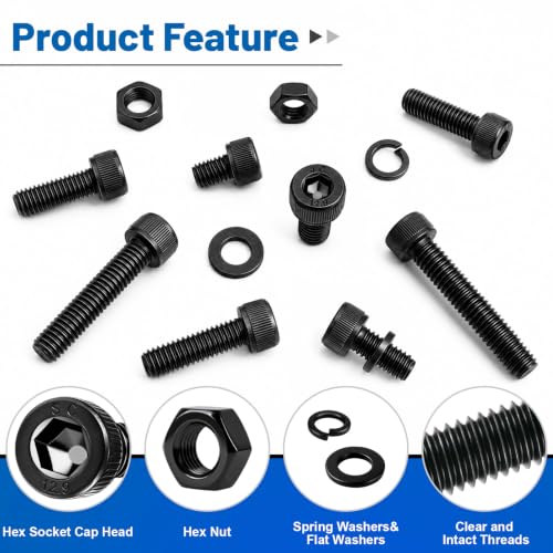 190PCS M6 Screws with Nuts Assortment Kit | M6x8/10/12/16/20/25/30/35 mm, Hex Socket Head Cap Bolts, 12.9 Alloy Steel, Black Zinc Plated, Anti-Rust, For DIY, furniture - size: G12.9 M6 190PCS