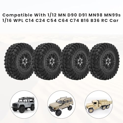 RC Tires & Wheels Set, 70x25mm Soft Rubber Tires with Foam Inserts, 5mm HexPlastic Beadlock Rims for 1/12 MN D90/D91/MN98/MN99S & 1/16 WPL C14/C24/C54/C64/C74/B16/B36 (B;Black) - color: B;Black