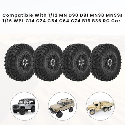 RC Tires & Wheels Set, 70x25mm Soft Rubber Tires with Foam Inserts, 5mm HexPlastic Beadlock Rims for 1/12 MN D90/D91/MN98/MN99S & 1/16 WPL C14/C24/C54/C64/C74/B16/B36 (B;Black) - color: B;Black