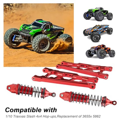 HobbyPark Front & Rear Aluminum Suspension Arms Set and Full Metal Shock Absorber Assembled for 1/10 Traxxas Slash 4x4 Hop-ups,Replacement of 3655x 5862 (Red)