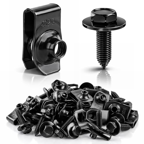 50PCS 1/4 Body Bolts & U-Nut Clips Kit for Fender Bumper Engine Cover Splash Shield Fastener Retainer Clips, Automotive Universal Screws Black(25 Sets)