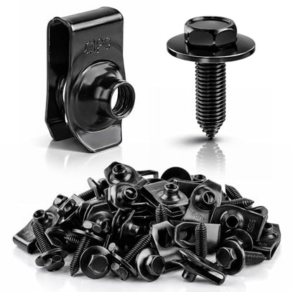 50PCS 1/4 Body Bolts & U-Nut Clips Kit for Fender Bumper Engine Cover Splash Shield Fastener Retainer Clips, Automotive Universal Screws Black(25 Sets)