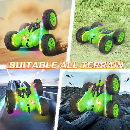 Remote Control Car, Rc Cars Stunt RC Car Toys Upgraded Strip Lights and Headlights Kids Toys Double-Sided 360° Rotating 4WD Drift Truck for Boys Girls Birthday Gift (Green) - color: Green